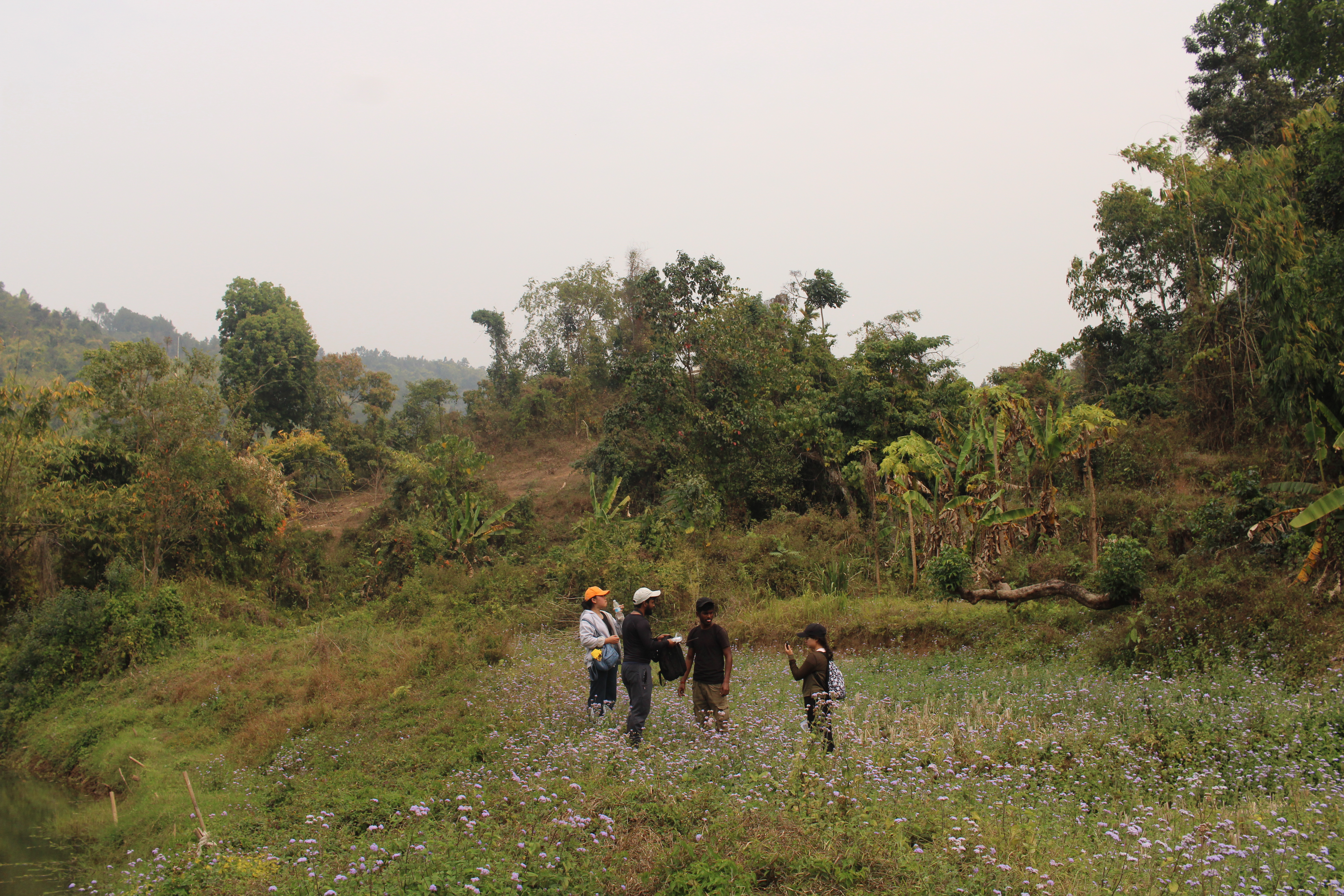 A geographer in the field using a tablet for data collection with a scenic landscape in the background.